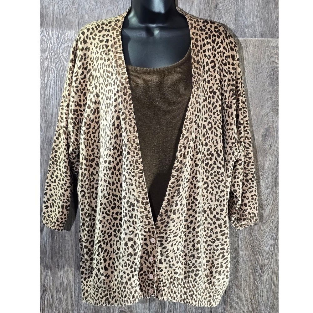C.D. Daniels Women's 3X Leopard Print Cardigan Sweater‎ Set Brown Tank Top Y2K
